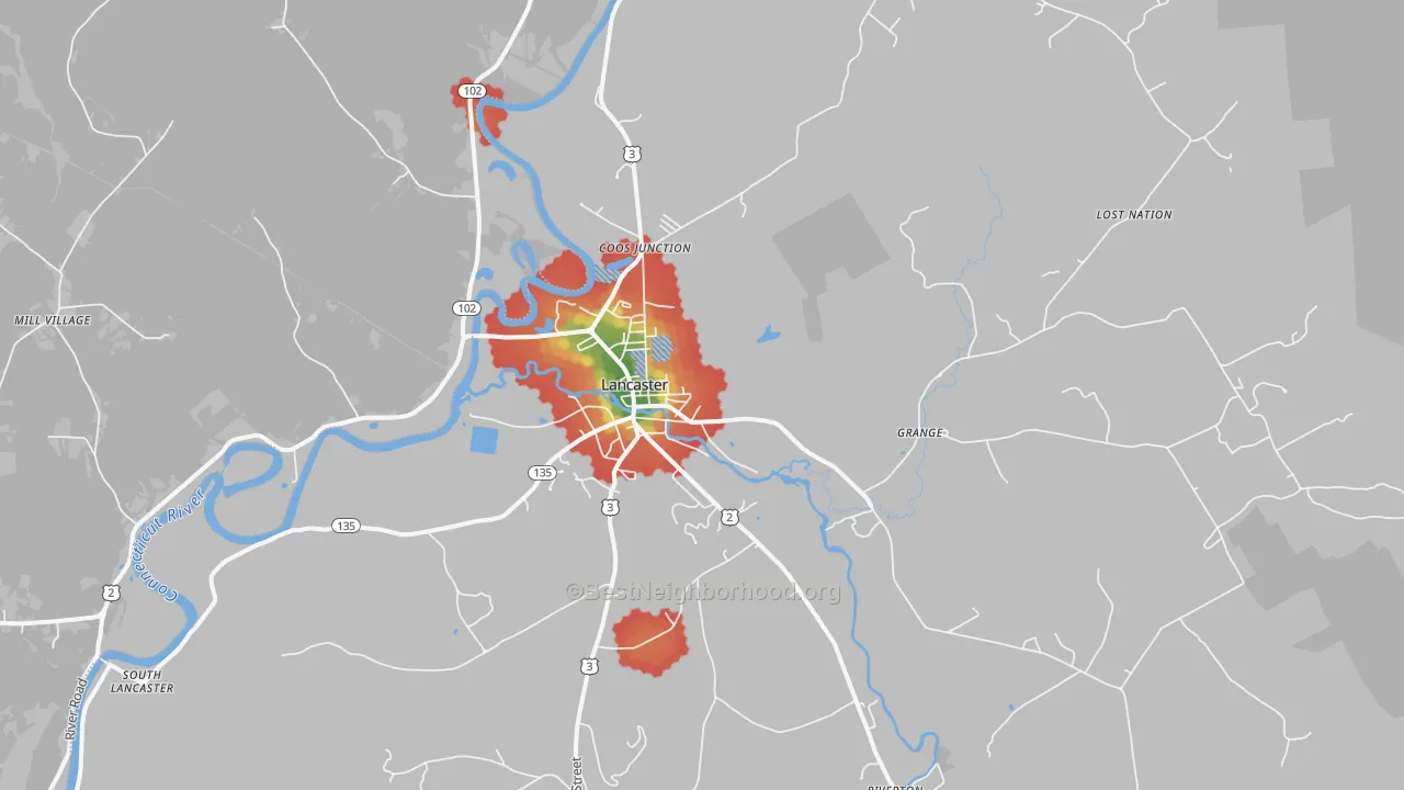 Walk Grade map of Lancaster, NH, walkable areas in green and car-dependent areas in red