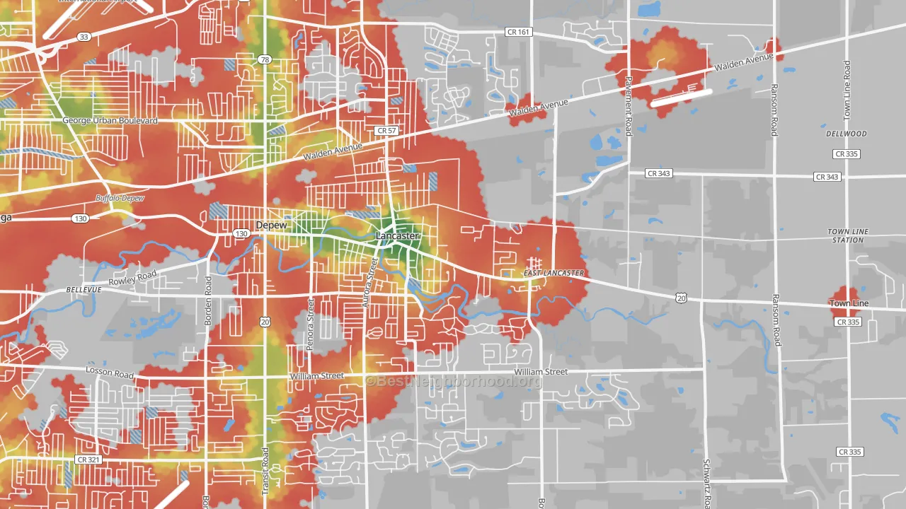 Walk Grade map of Lancaster, NY, walkable areas in green and car-dependent areas in red