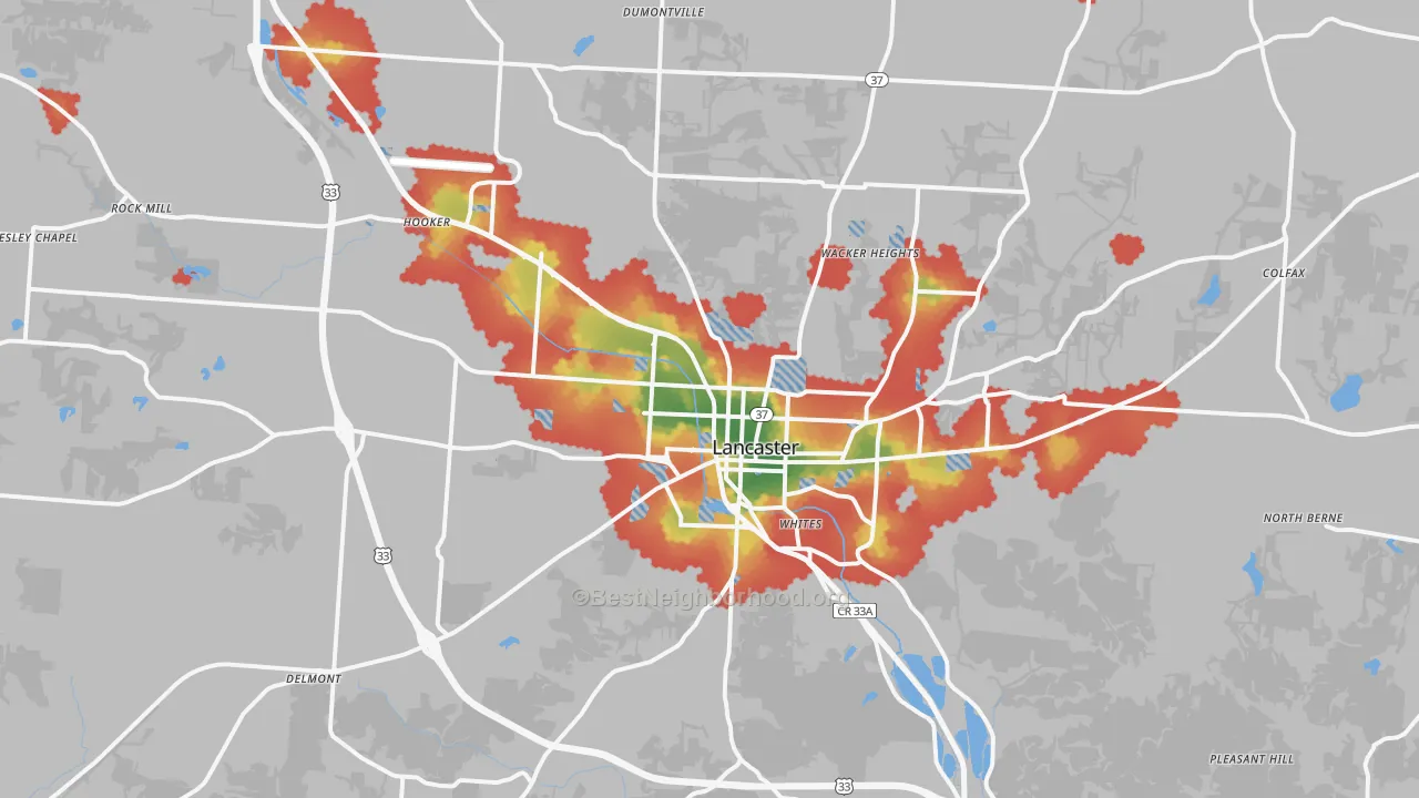 Walk Grade map of Lancaster, OH, walkable areas in green and car-dependent areas in red