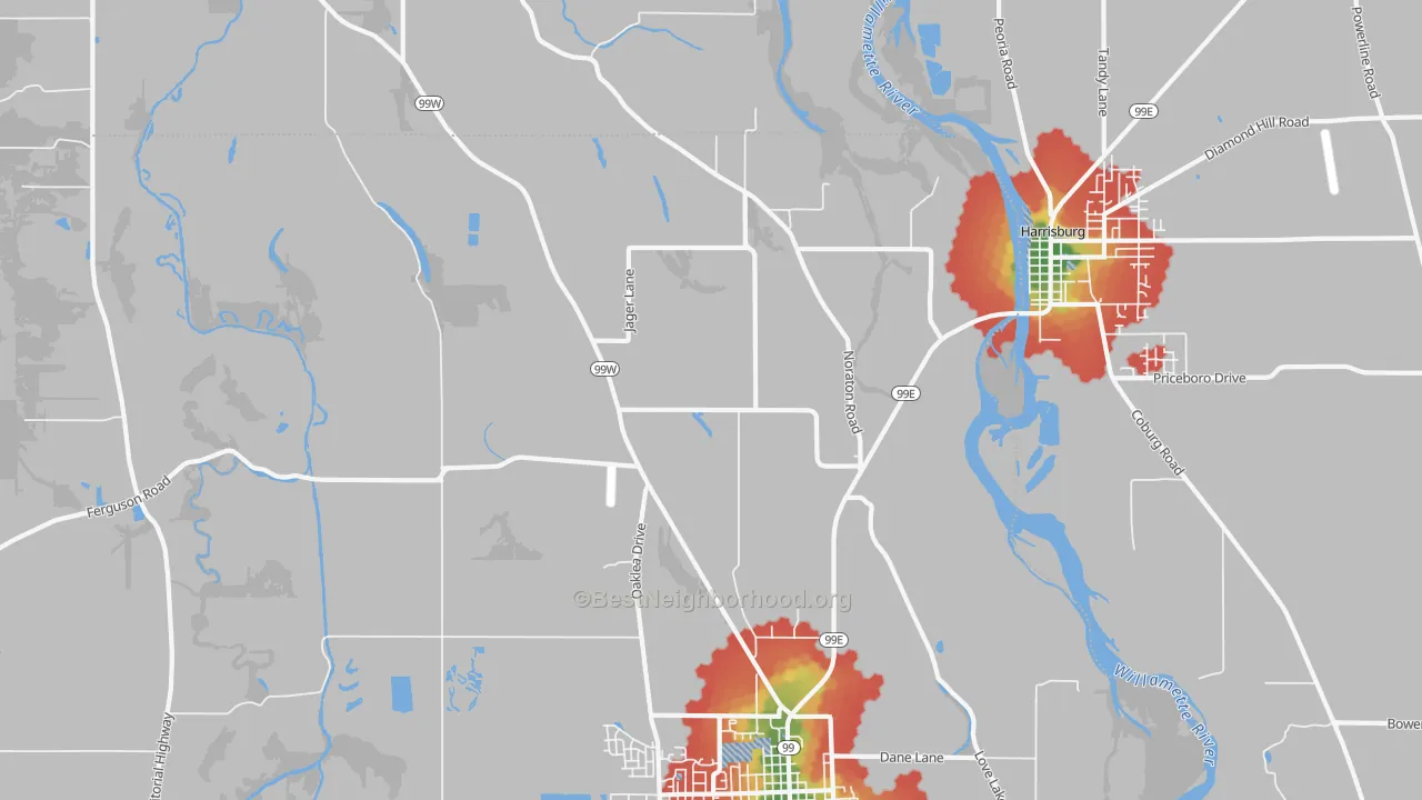 Walk Grade map of Lancaster, OR, walkable areas in green and car-dependent areas in red