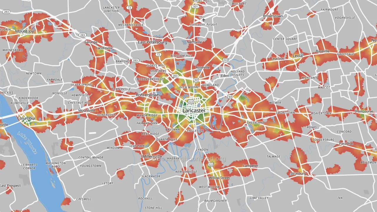 Walk Grade map of Lancaster, PA, walkable areas in green and car-dependent areas in red