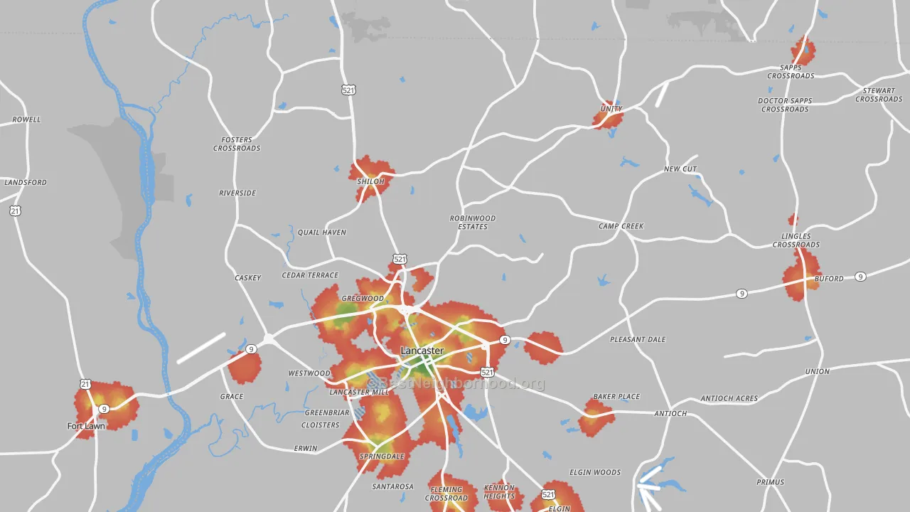 Walk Grade map of Lancaster, SC, walkable areas in green and car-dependent areas in red