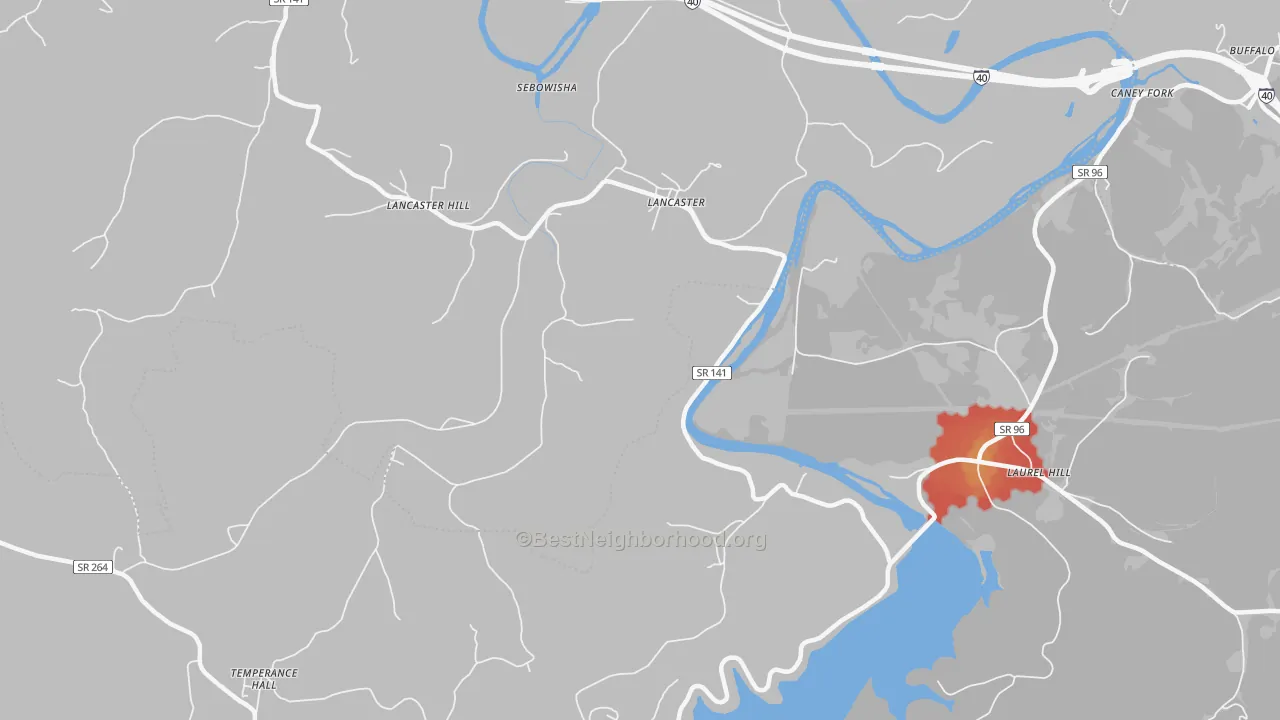 Walk Grade map of Lancaster, TN, walkable areas in green and car-dependent areas in red