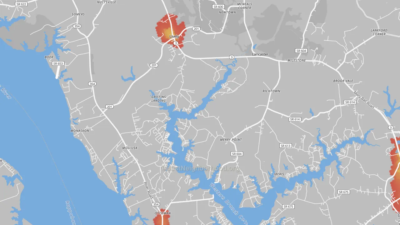 Walk Grade map of Lancaster, VA, walkable areas in green and car-dependent areas in red