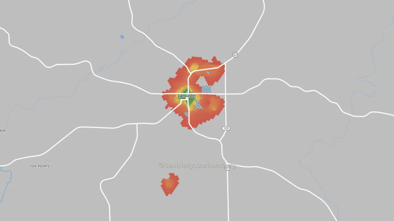Walk Grade map of Lancaster, WI, walkable areas in green and car-dependent areas in red