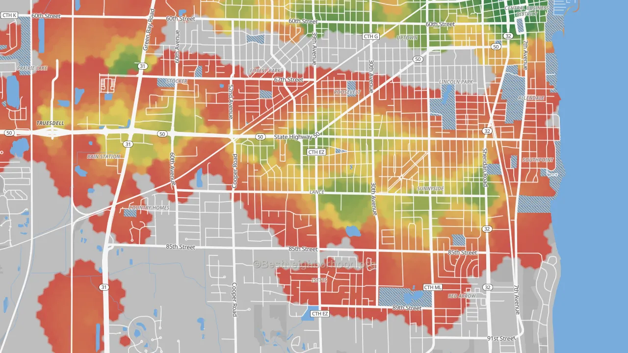 Walk Grade map of Lance, Kenosha, WI, walkable areas in green and car-dependent areas in red