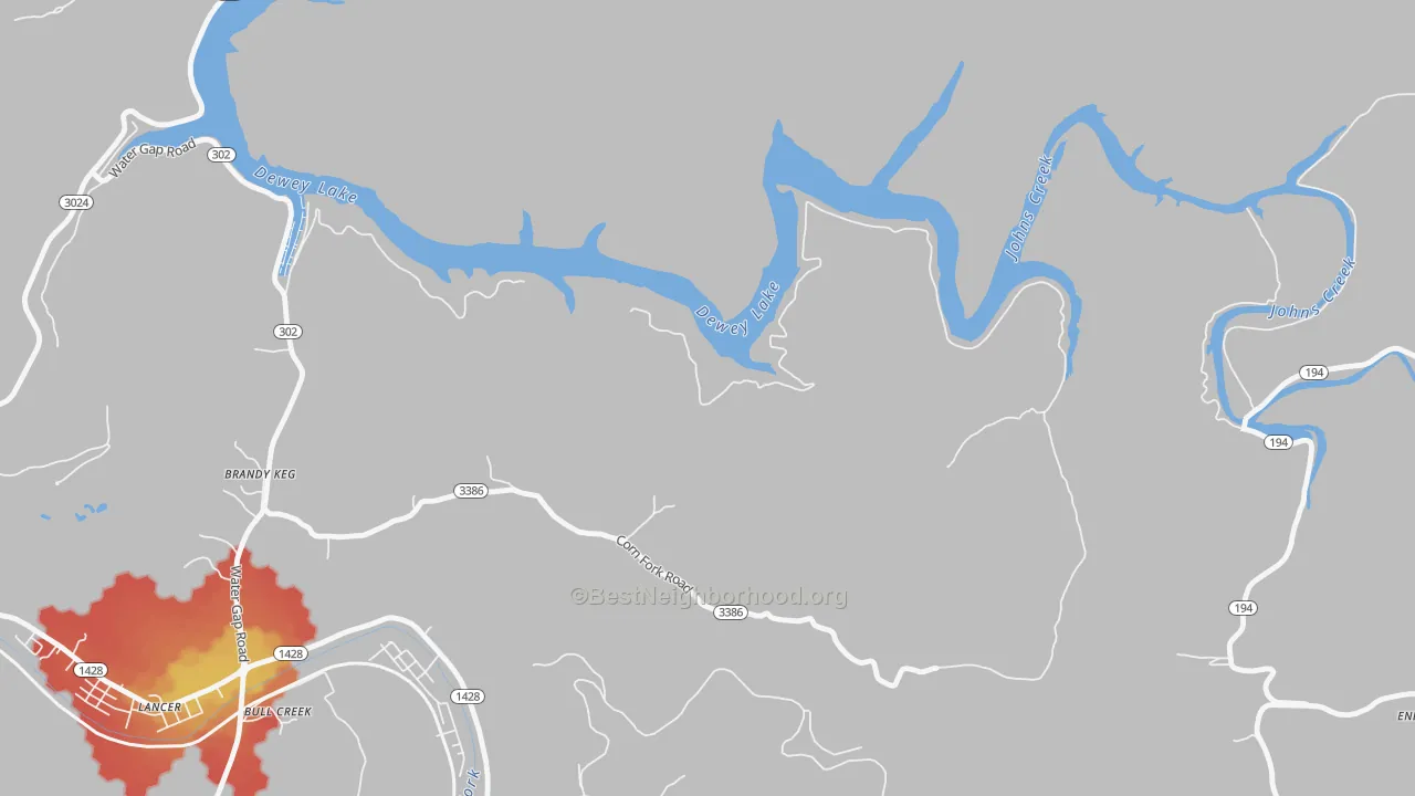 Walk Grade map of Lancer, KY, walkable areas in green and car-dependent areas in red