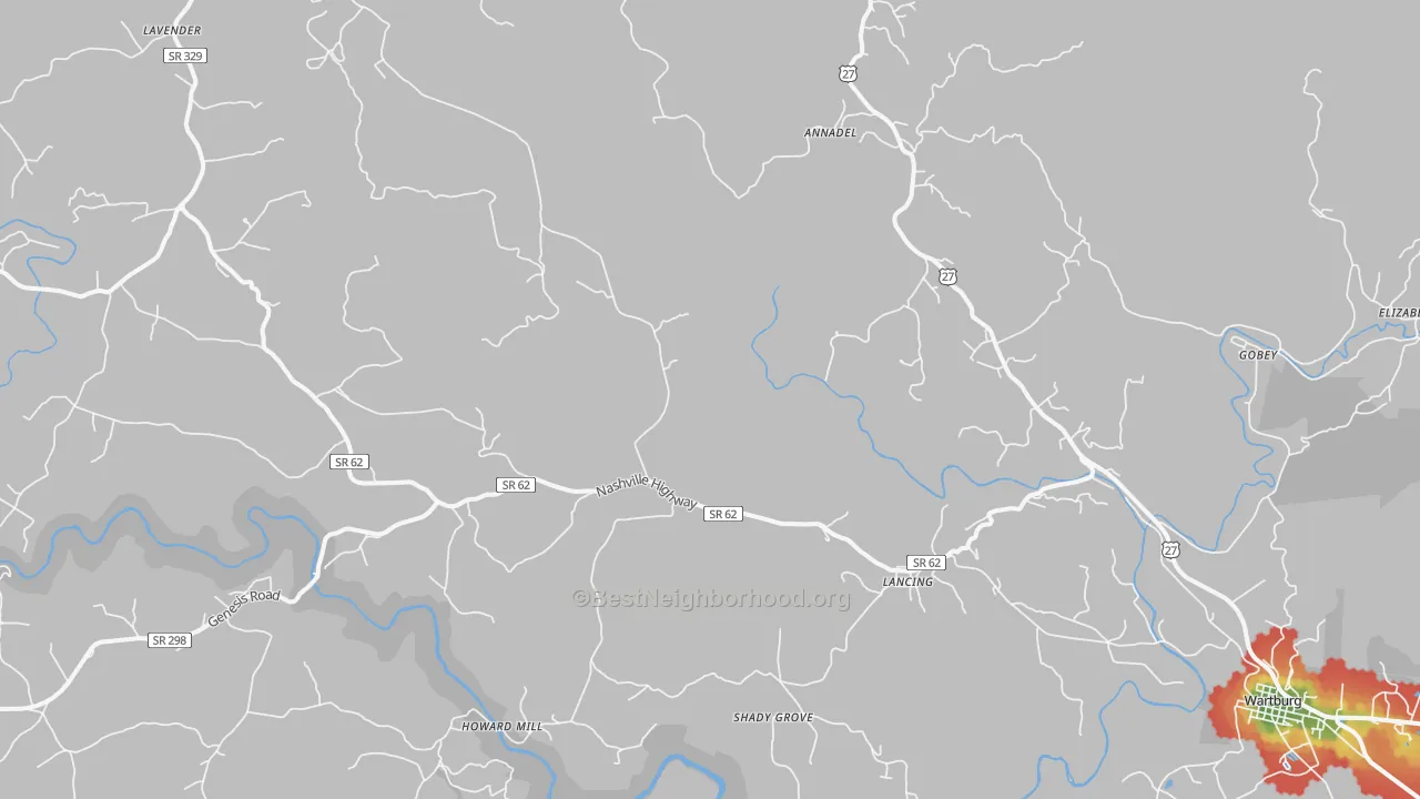 Walk Grade map of Lancing, TN, walkable areas in green and car-dependent areas in red