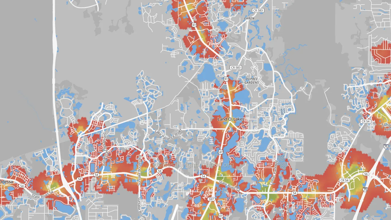 Walk Grade map of Land O' Lakes, FL, walkable areas in green and car-dependent areas in red
