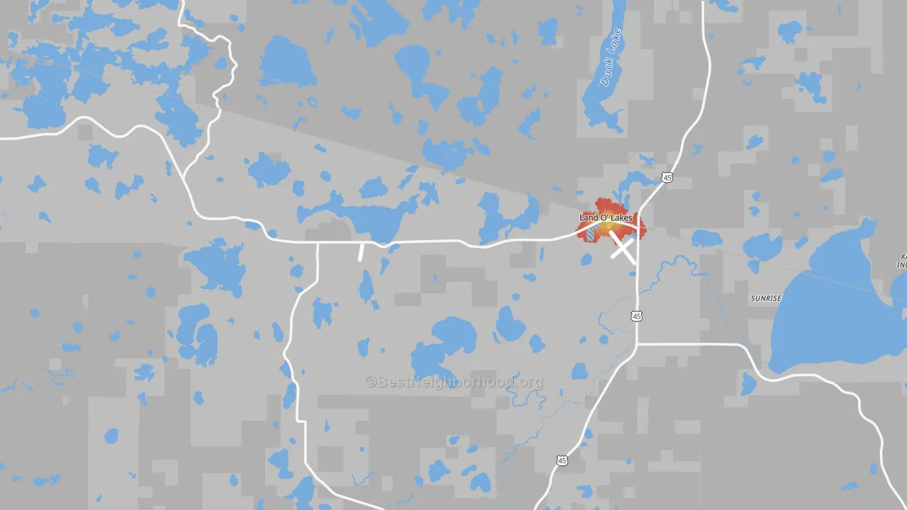 Walk Grade map of Land O' Lakes, WI, walkable areas in green and car-dependent areas in red
