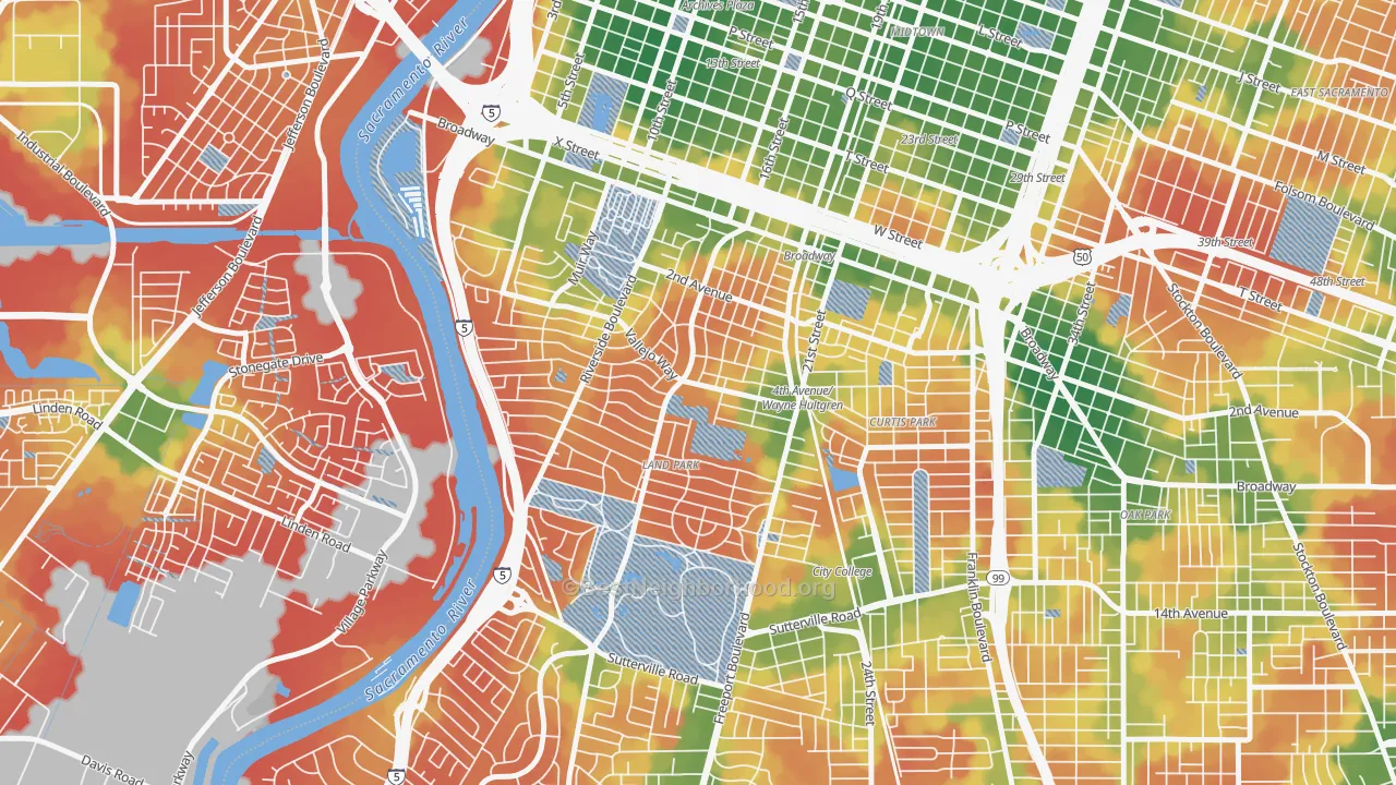 Walk Grade map of Land Park, Sacramento, CA, walkable areas in green and car-dependent areas in red