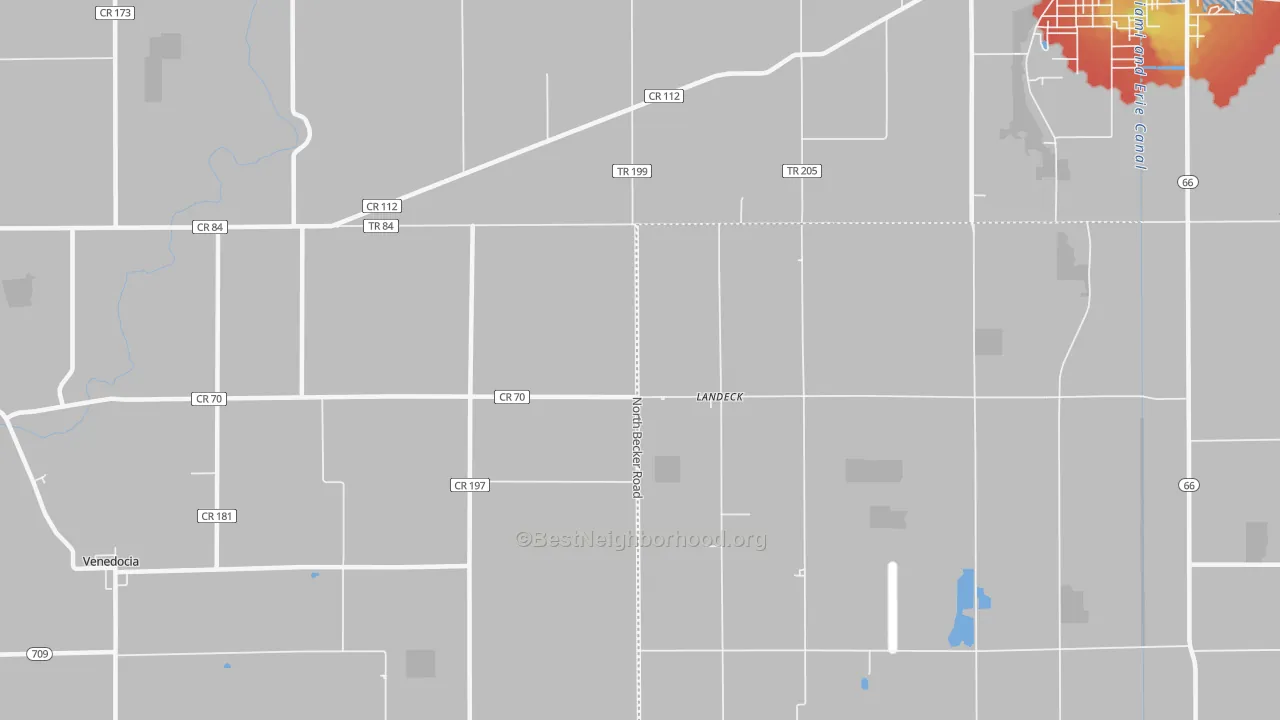 Walk Grade map of Landeck, OH, walkable areas in green and car-dependent areas in red