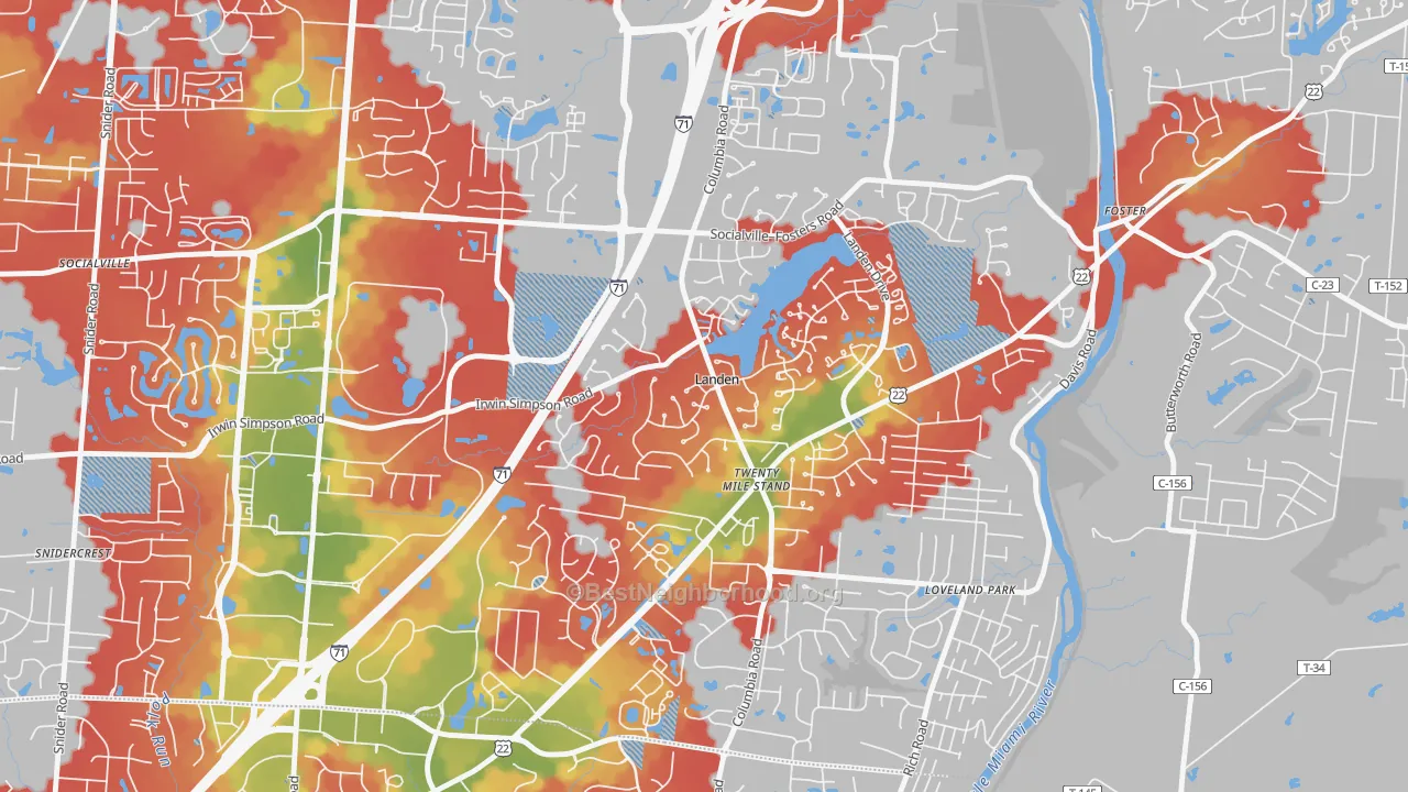 Walk Grade map of Landen, OH, walkable areas in green and car-dependent areas in red