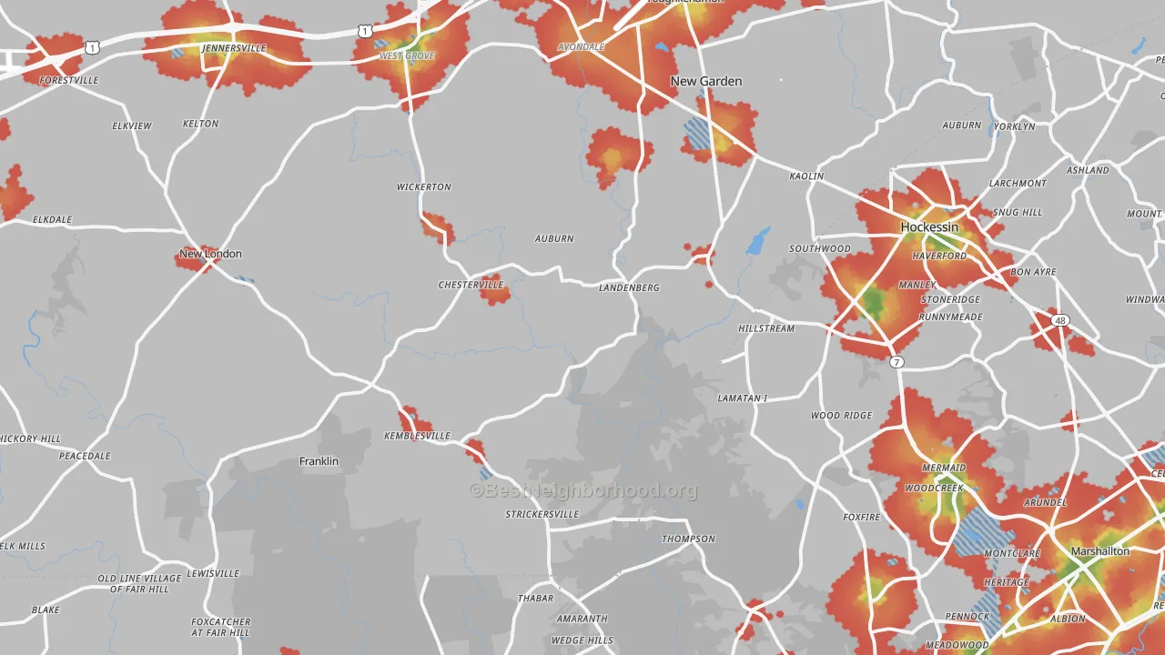 Walk Grade map of Landenberg, PA, walkable areas in green and car-dependent areas in red
