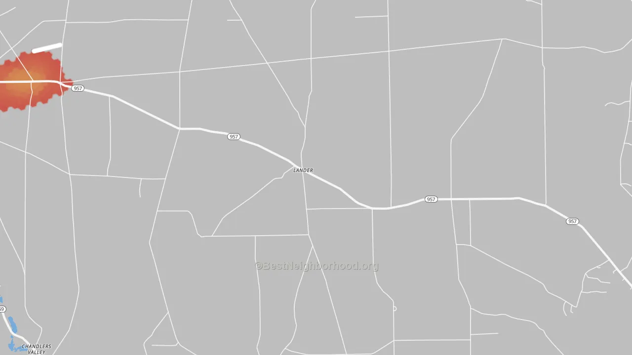 Walk Grade map of Lander, PA, walkable areas in green and car-dependent areas in red