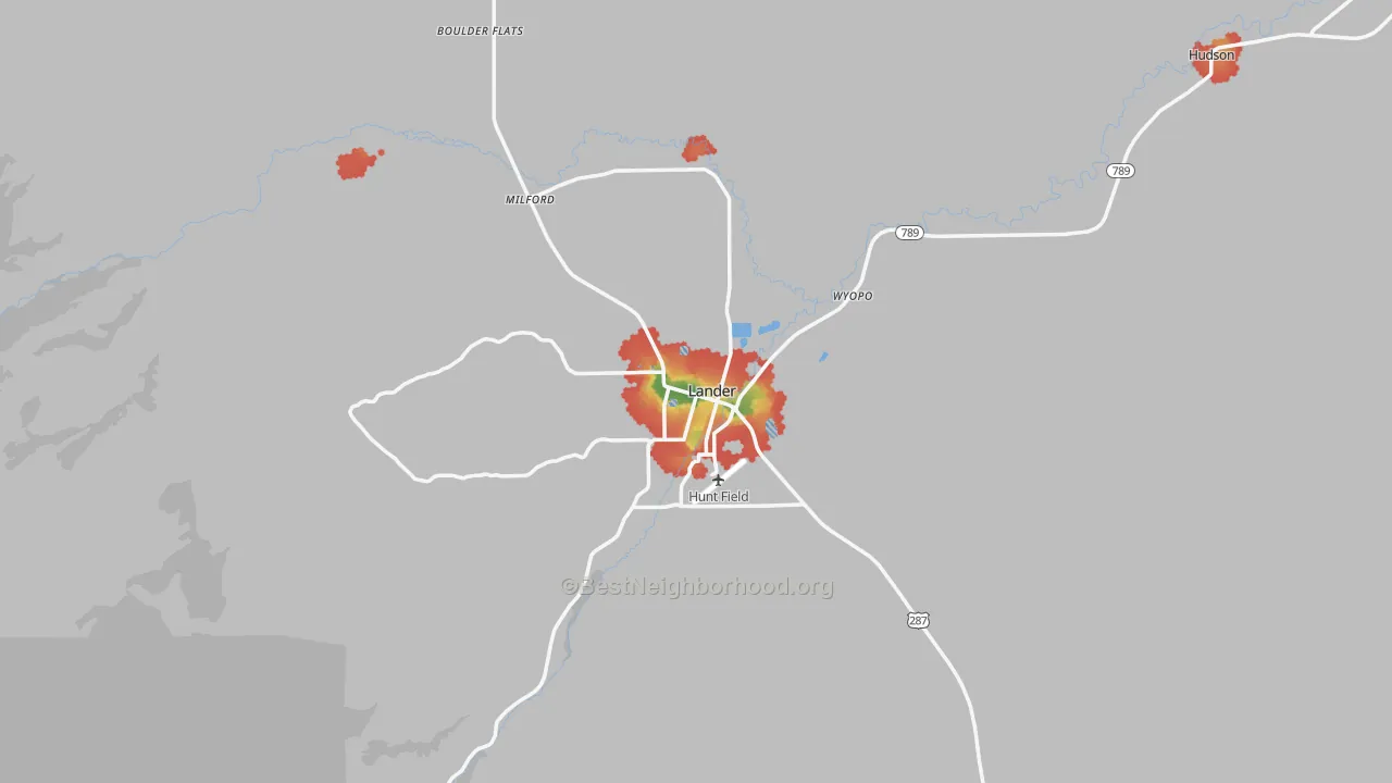 Walk Grade map of Lander, WY, walkable areas in green and car-dependent areas in red