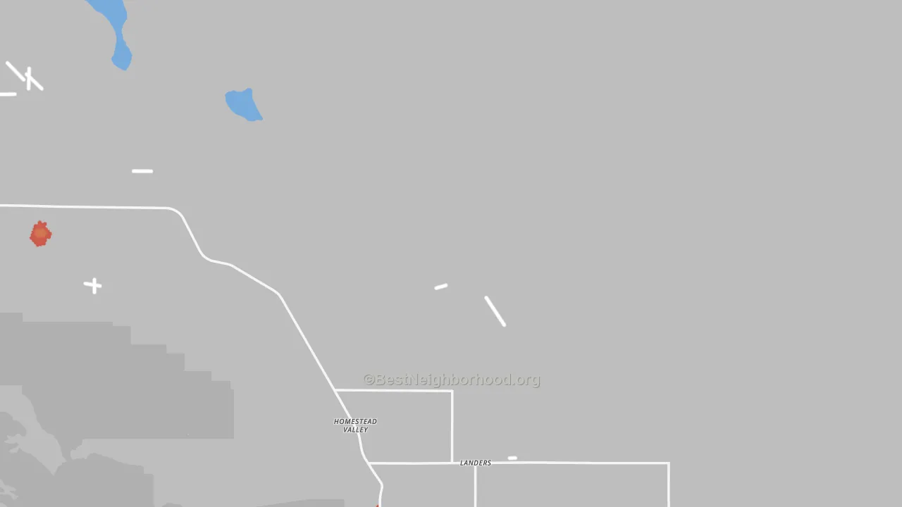 Walk Grade map of Landers, CA, walkable areas in green and car-dependent areas in red