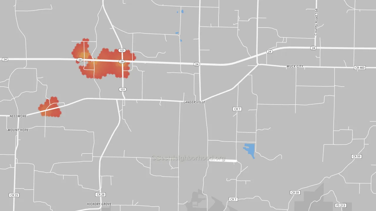 Walk Grade map of Landersville, AL, walkable areas in green and car-dependent areas in red