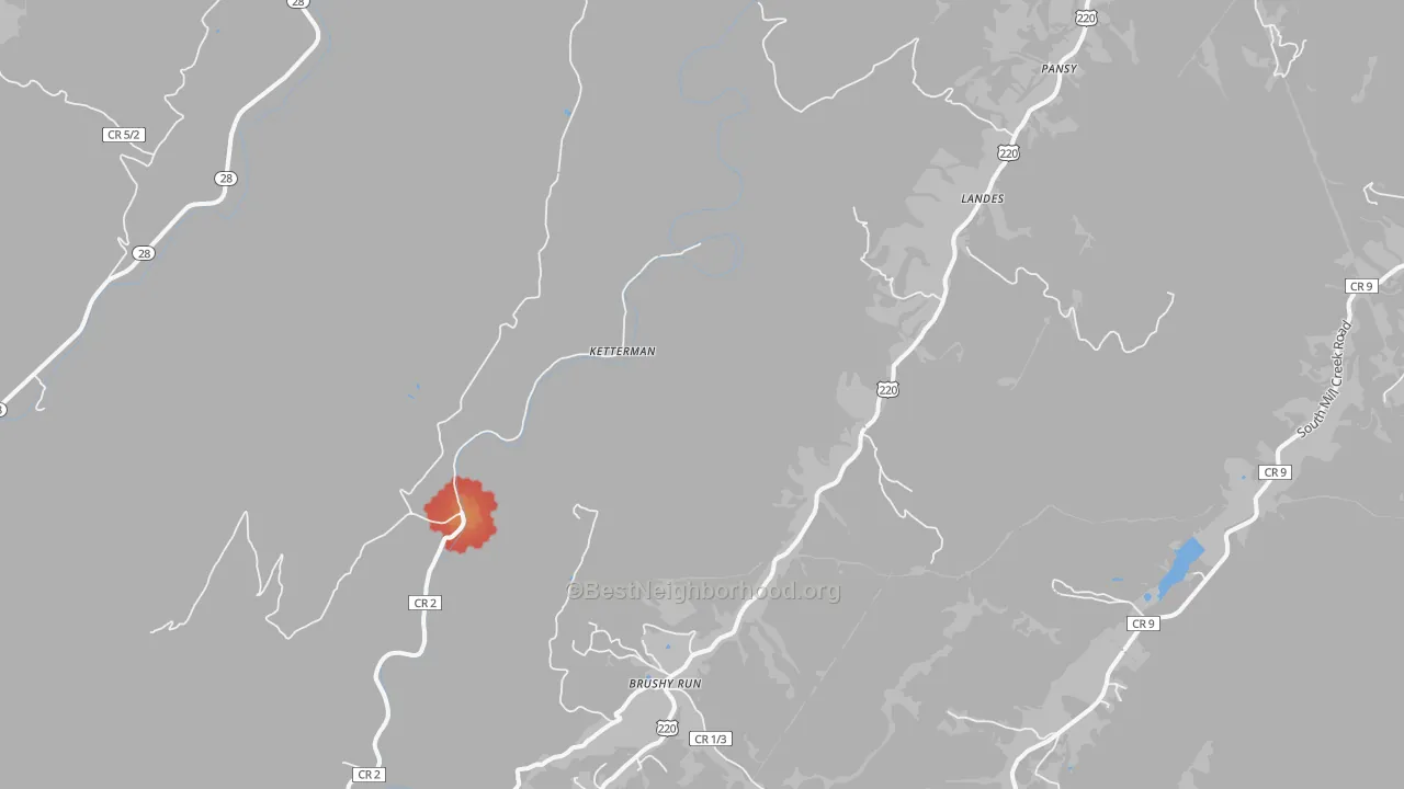 Walk Grade map of Landes, WV, walkable areas in green and car-dependent areas in red