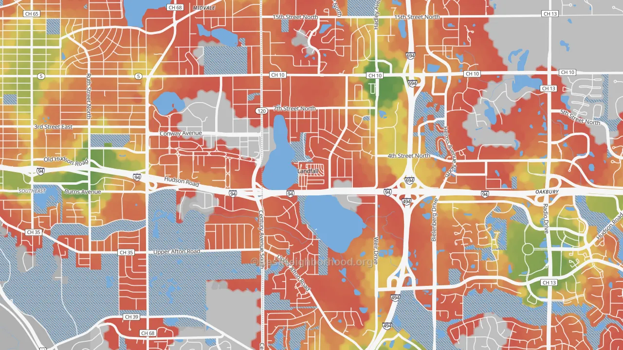 Walk Grade map of Landfall, MN, walkable areas in green and car-dependent areas in red