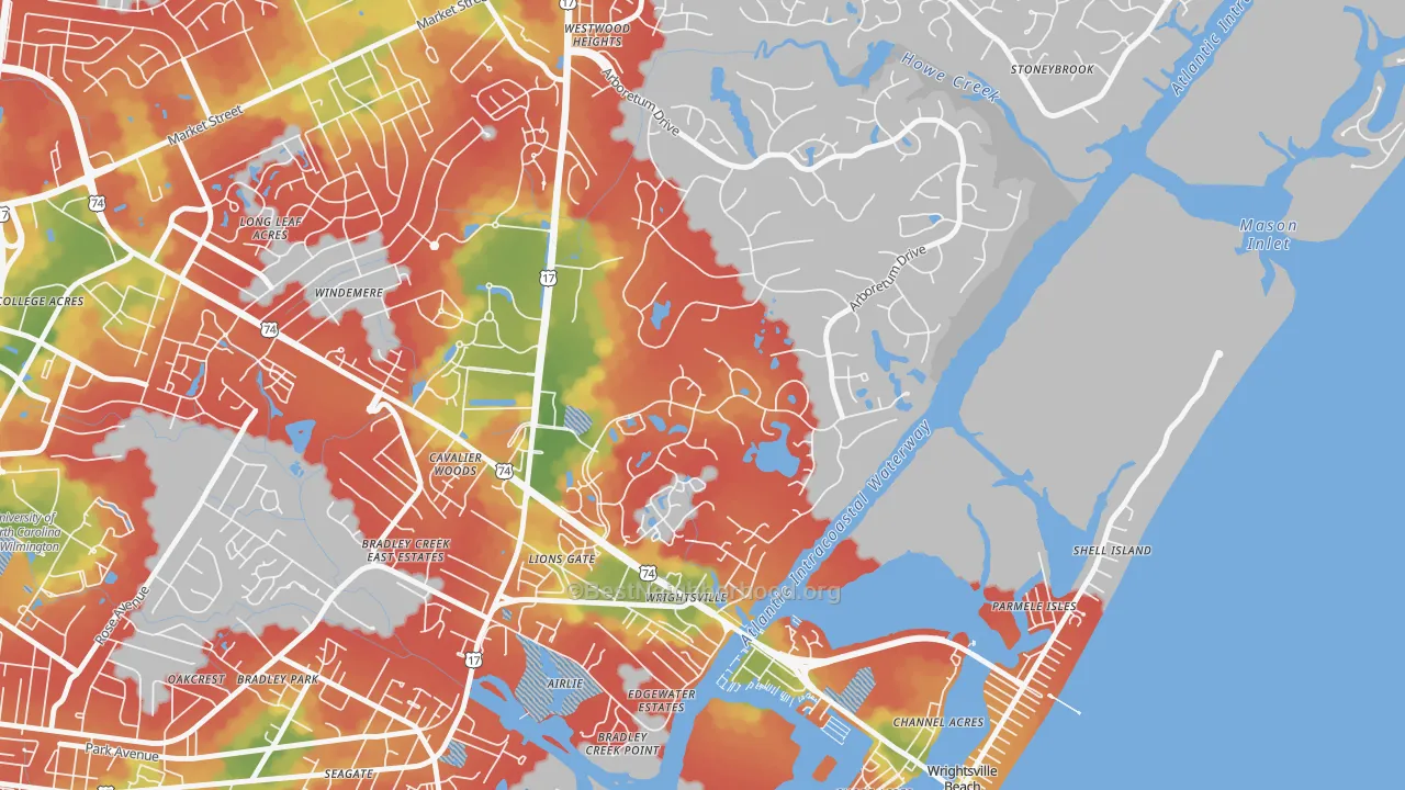 Walk Grade map of Landfall, Wilmington, NC, walkable areas in green and car-dependent areas in red