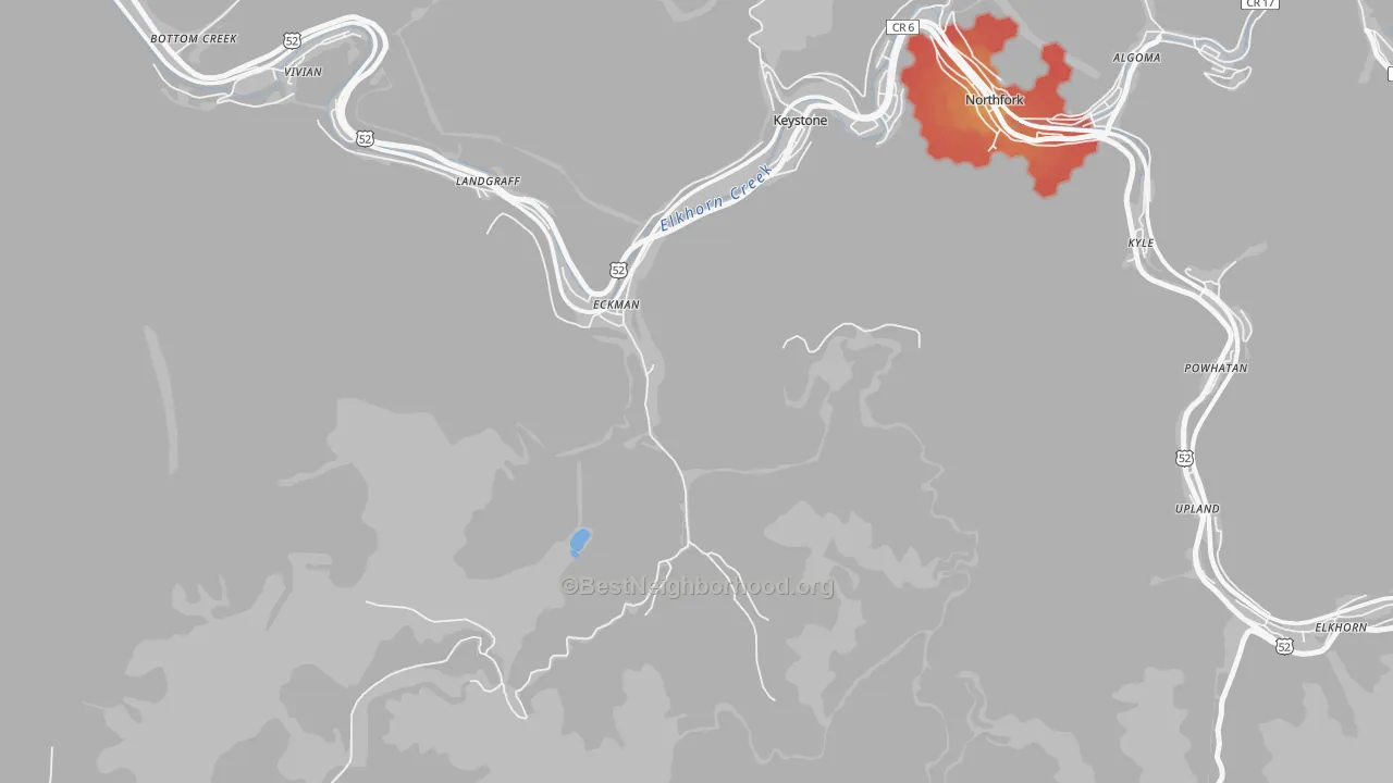 Walk Grade map of Landgraff, WV, walkable areas in green and car-dependent areas in red