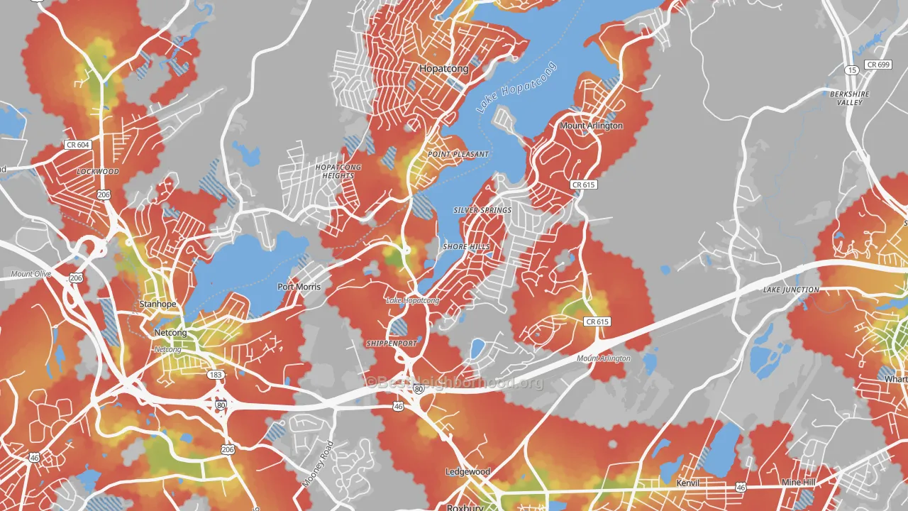 Walk Grade map of Landing, NJ, walkable areas in green and car-dependent areas in red