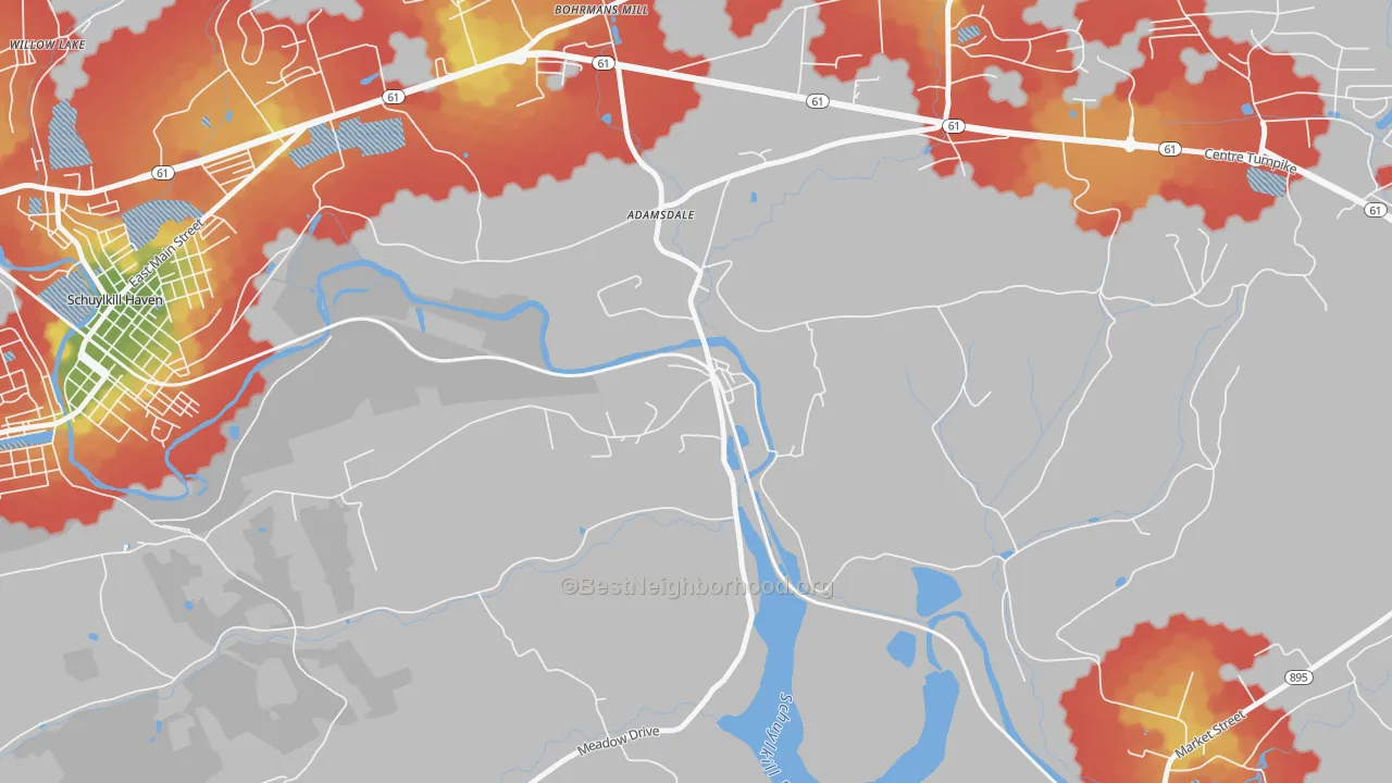 Walk Grade map of Landingville, PA, walkable areas in green and car-dependent areas in red