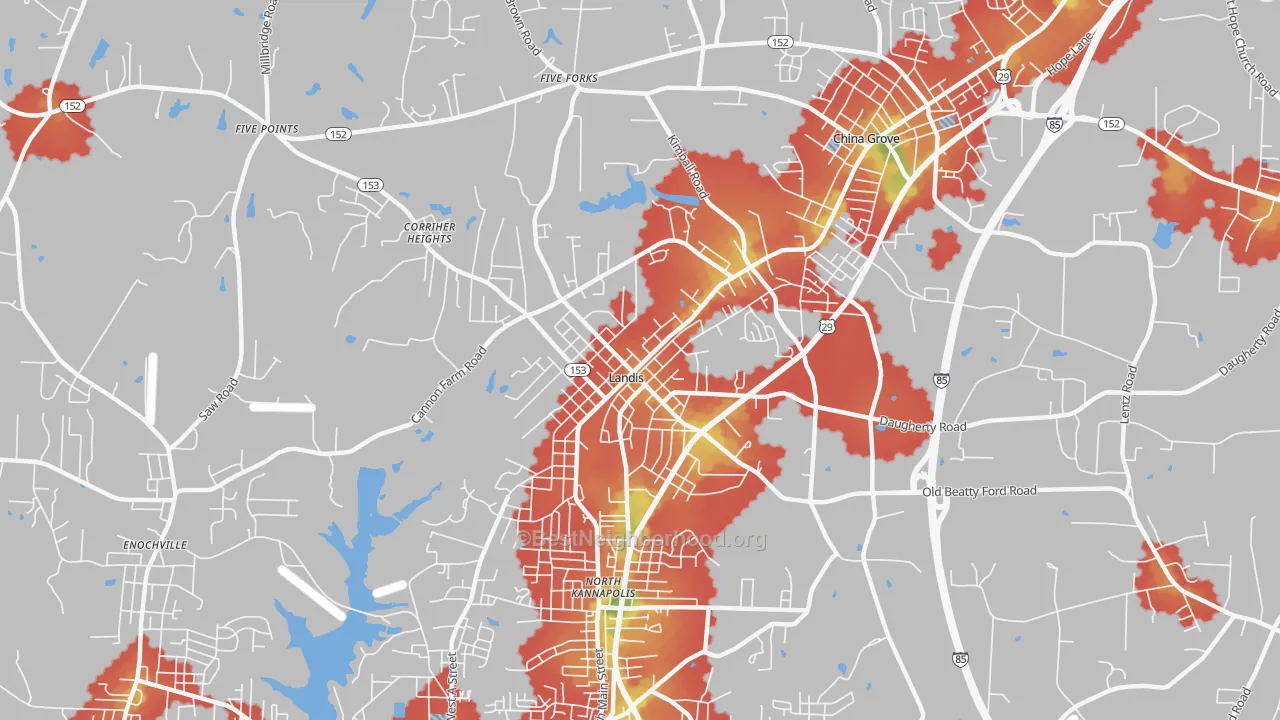 Walk Grade map of Landis, NC, walkable areas in green and car-dependent areas in red