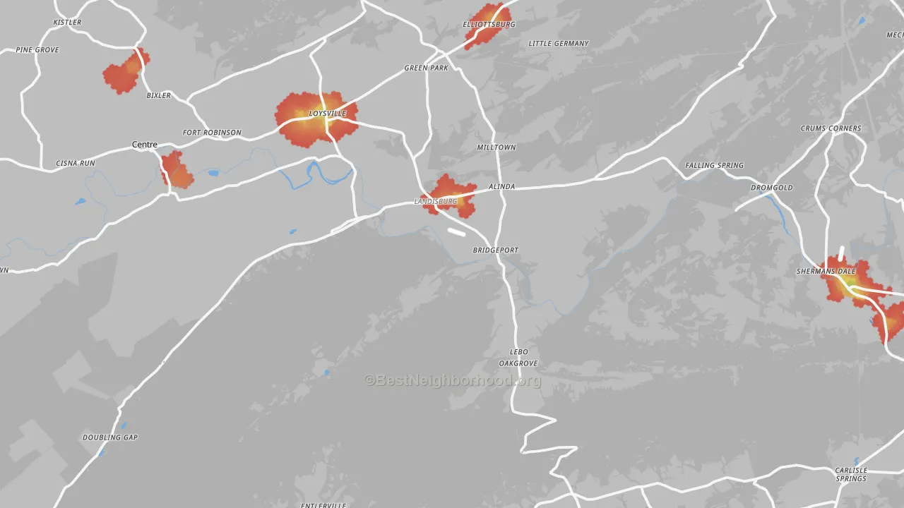 Walk Grade map of Landisburg, PA, walkable areas in green and car-dependent areas in red