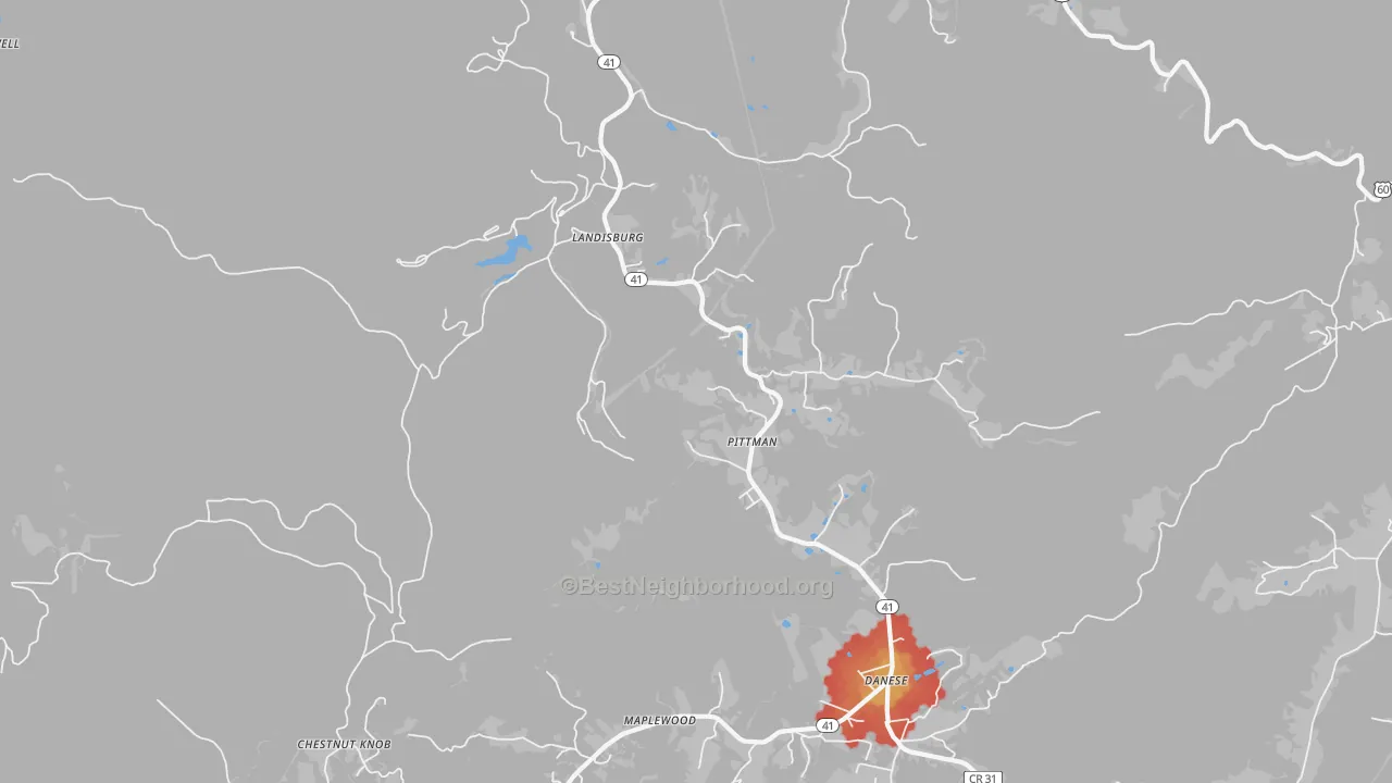 Walk Grade map of Landisburg, WV, walkable areas in green and car-dependent areas in red