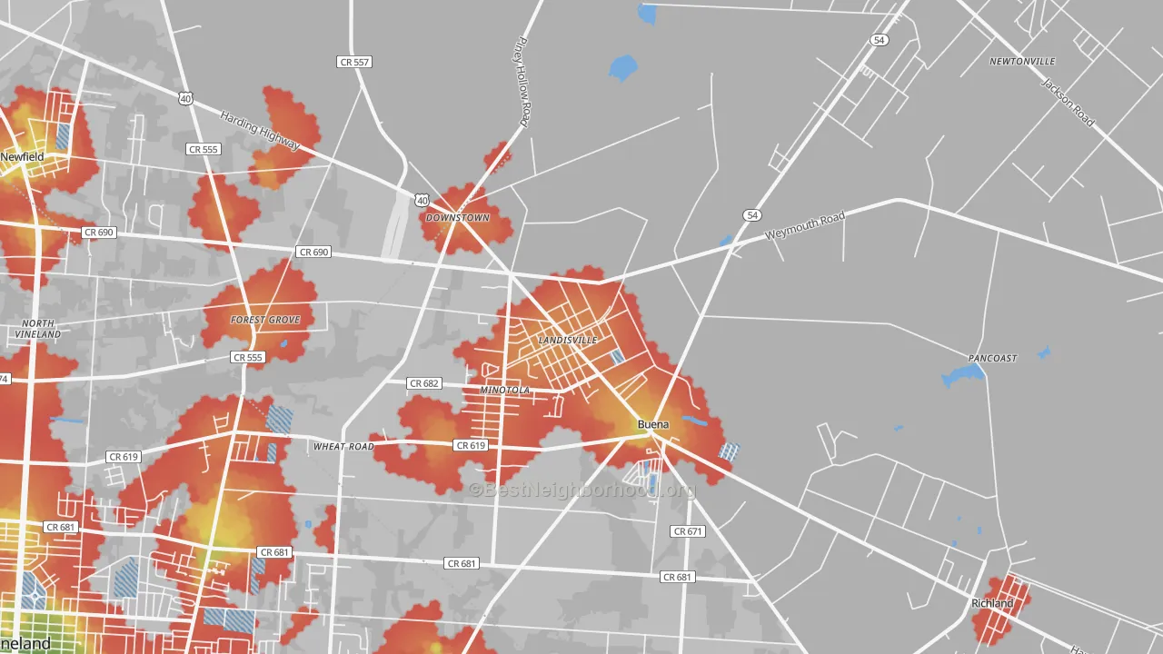 Walk Grade map of Landisville, NJ, walkable areas in green and car-dependent areas in red