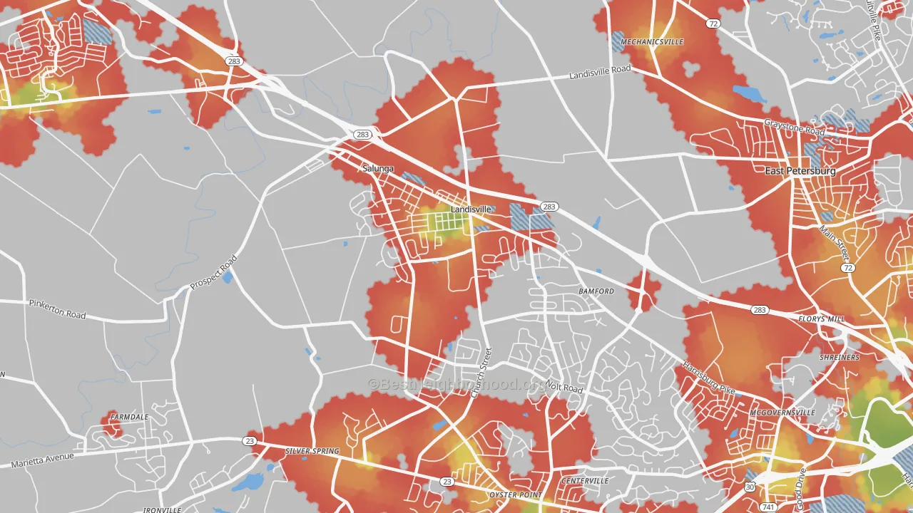 Walk Grade map of Landisville, PA, walkable areas in green and car-dependent areas in red