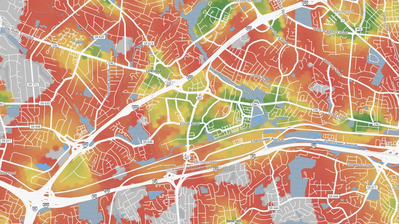 Walk Grade map of Landmark-Van Dom, Alexandria, VA, walkable areas in green and car-dependent areas in red