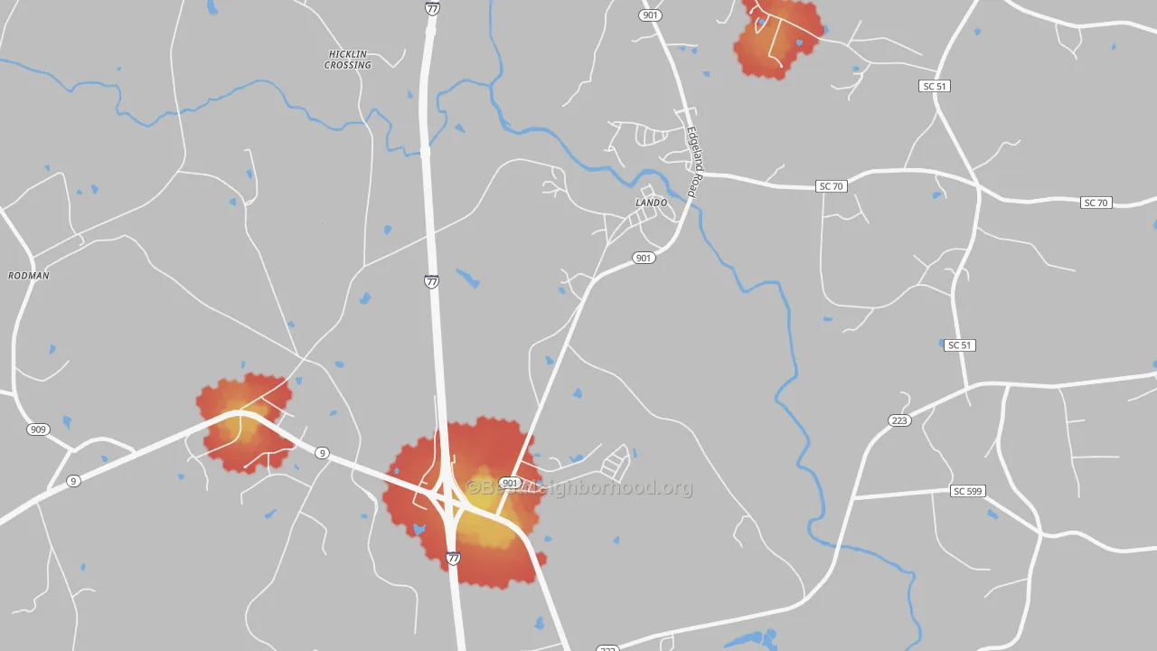 Walk Grade map of Lando, SC, walkable areas in green and car-dependent areas in red
