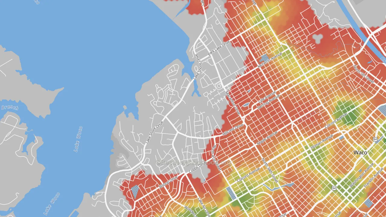 Walk Grade map of Landon Branch, Waco, TX, walkable areas in green and car-dependent areas in red