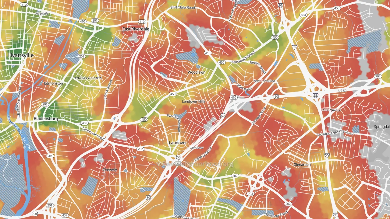 Walk Grade map of Landover Hills, MD, walkable areas in green and car-dependent areas in red