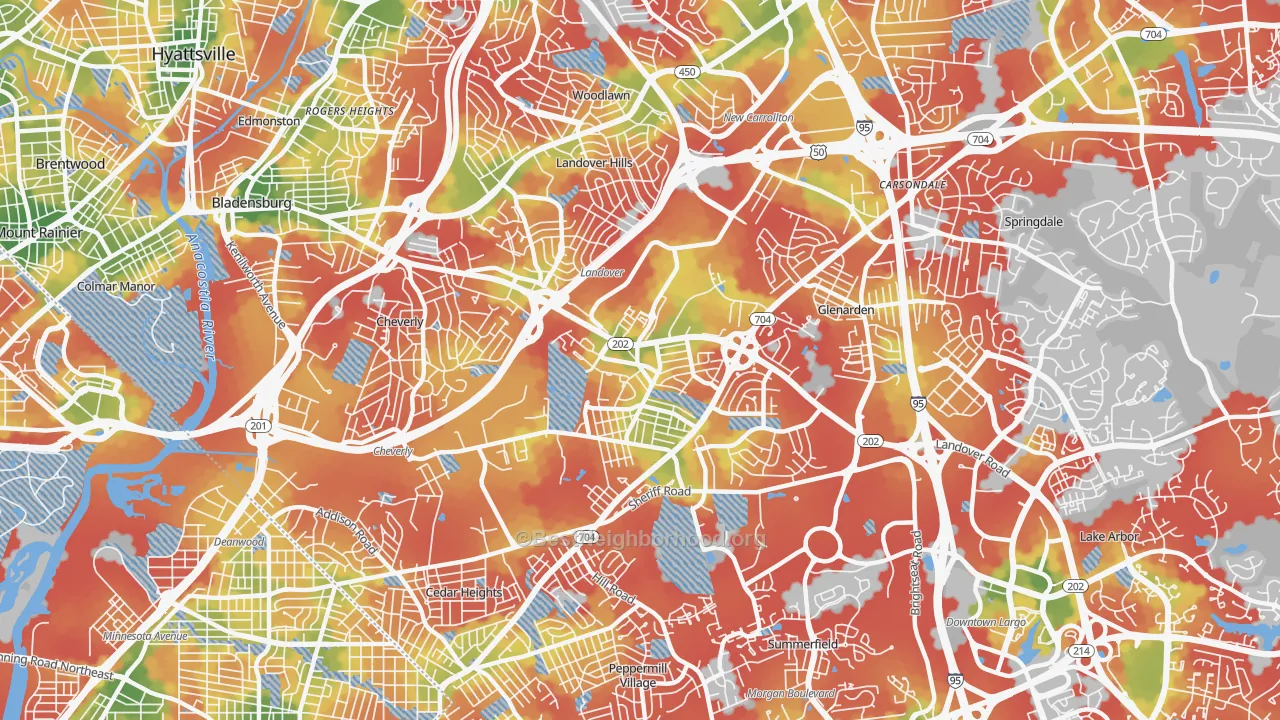 Walk Grade map of Landover, MD, walkable areas in green and car-dependent areas in red