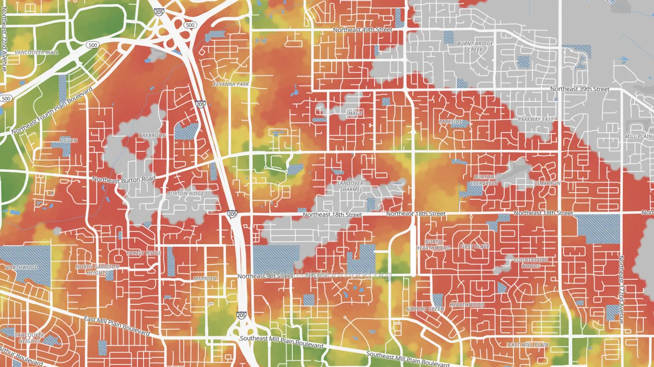 Walk Grade map of Landover-Sharmel, Vancouver, WA, walkable areas in green and car-dependent areas in red