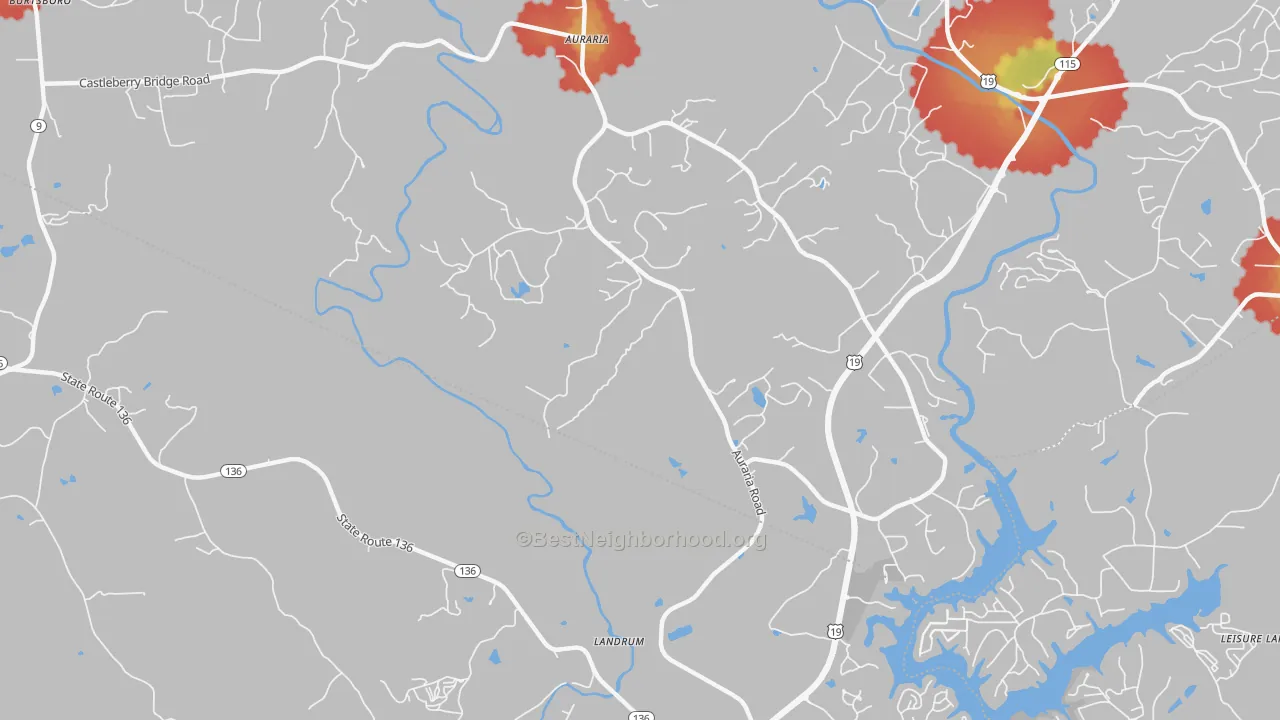 Walk Grade map of Landrum, GA, walkable areas in green and car-dependent areas in red
