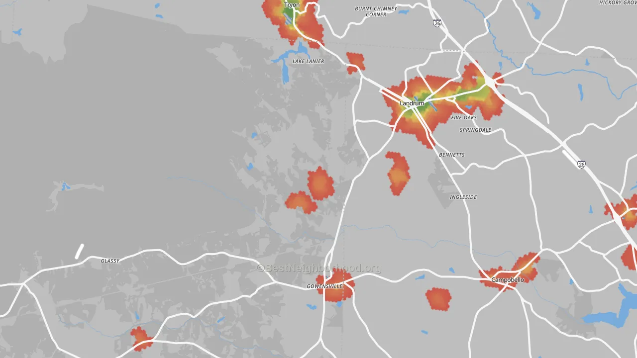 Walk Grade map of Landrum, SC, walkable areas in green and car-dependent areas in red