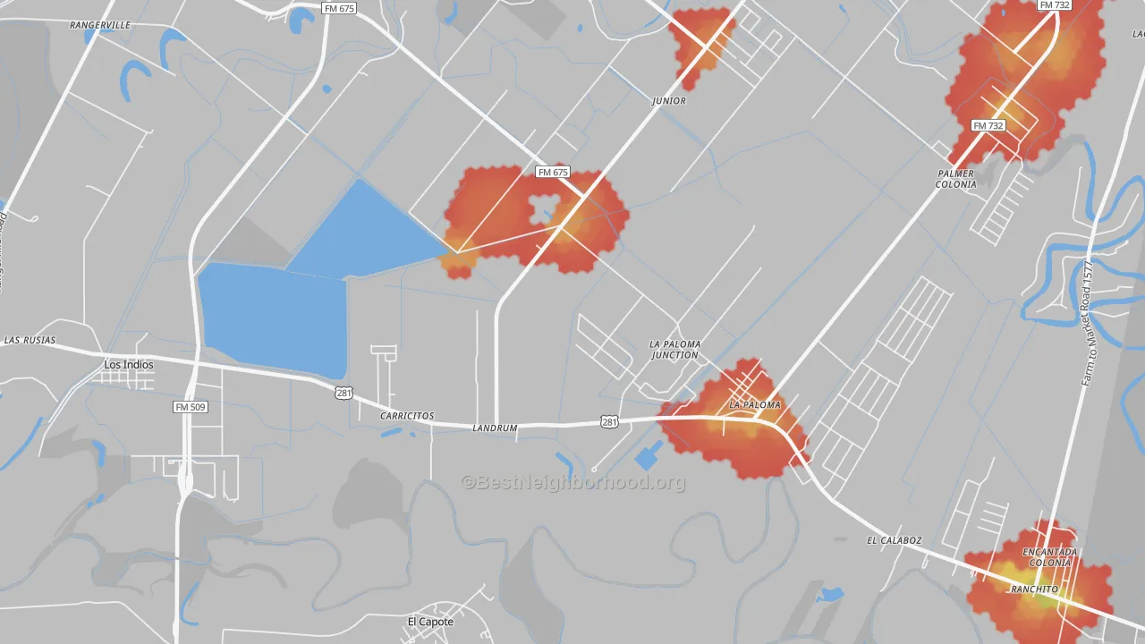 Walk Grade map of Landrum, TX, walkable areas in green and car-dependent areas in red