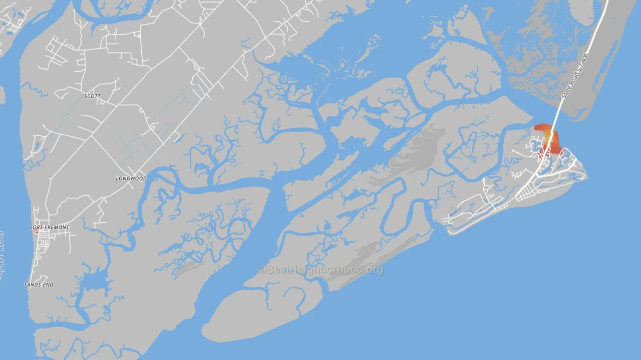 Walk Grade map of Lands End, SC, walkable areas in green and car-dependent areas in red