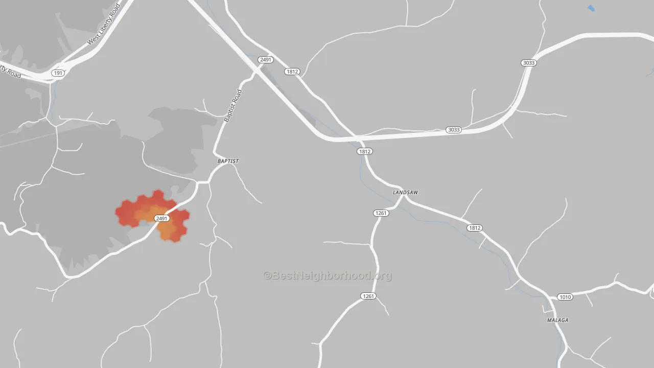 Walk Grade map of Landsaw, KY, walkable areas in green and car-dependent areas in red