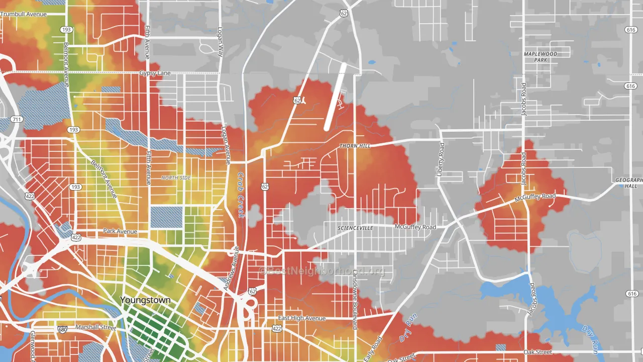 Walk Grade map of Landsdowne, Youngstown, OH, walkable areas in green and car-dependent areas in red