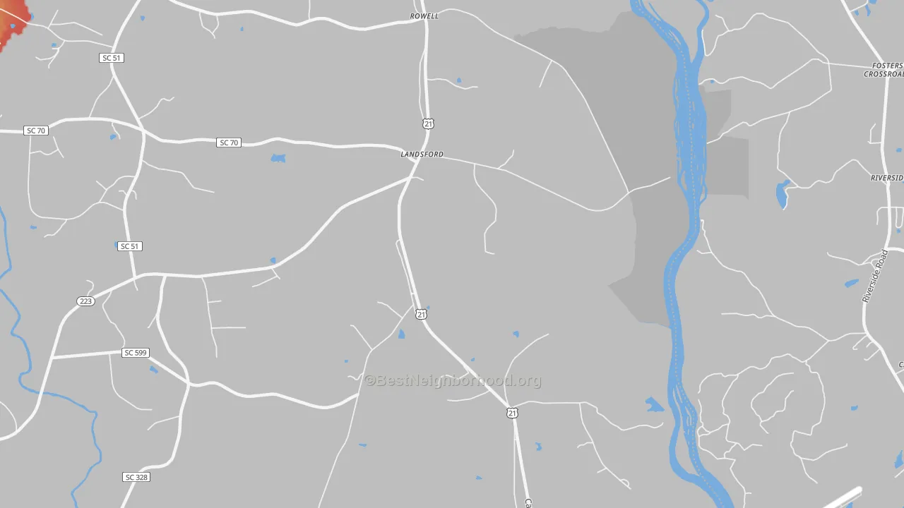 Walk Grade map of Landsford, SC, walkable areas in green and car-dependent areas in red