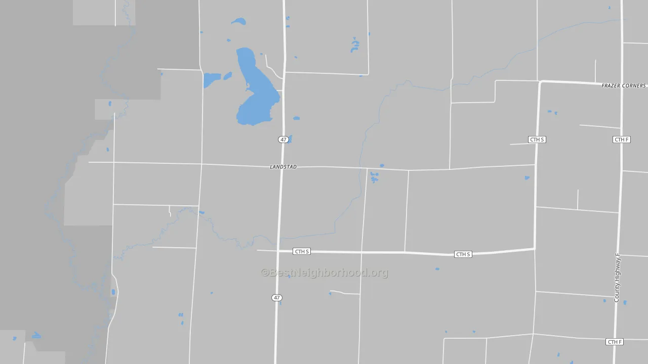 Walk Grade map of Landstad, WI, walkable areas in green and car-dependent areas in red
