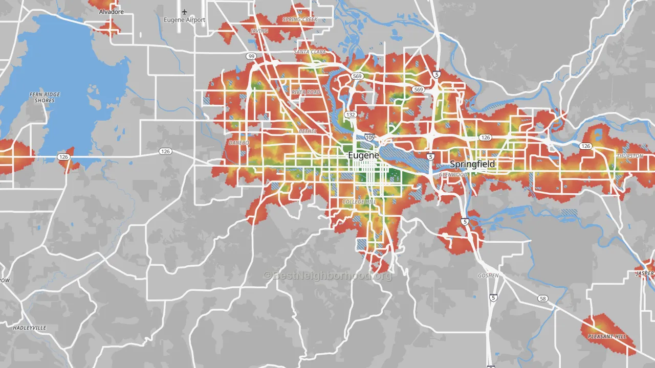 Walk Grade map of Lane County, OR, walkable areas in green and car-dependent areas in red