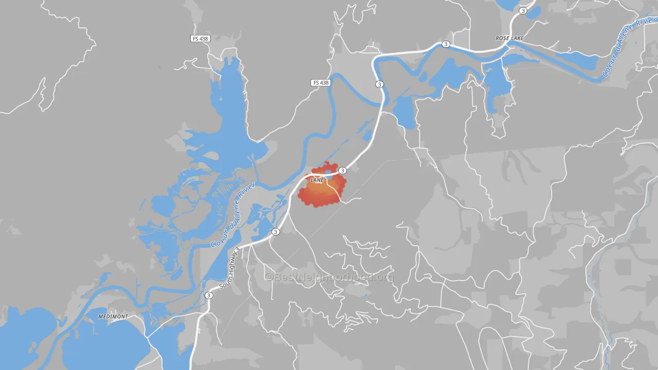 Walk Grade map of Lane, ID, walkable areas in green and car-dependent areas in red