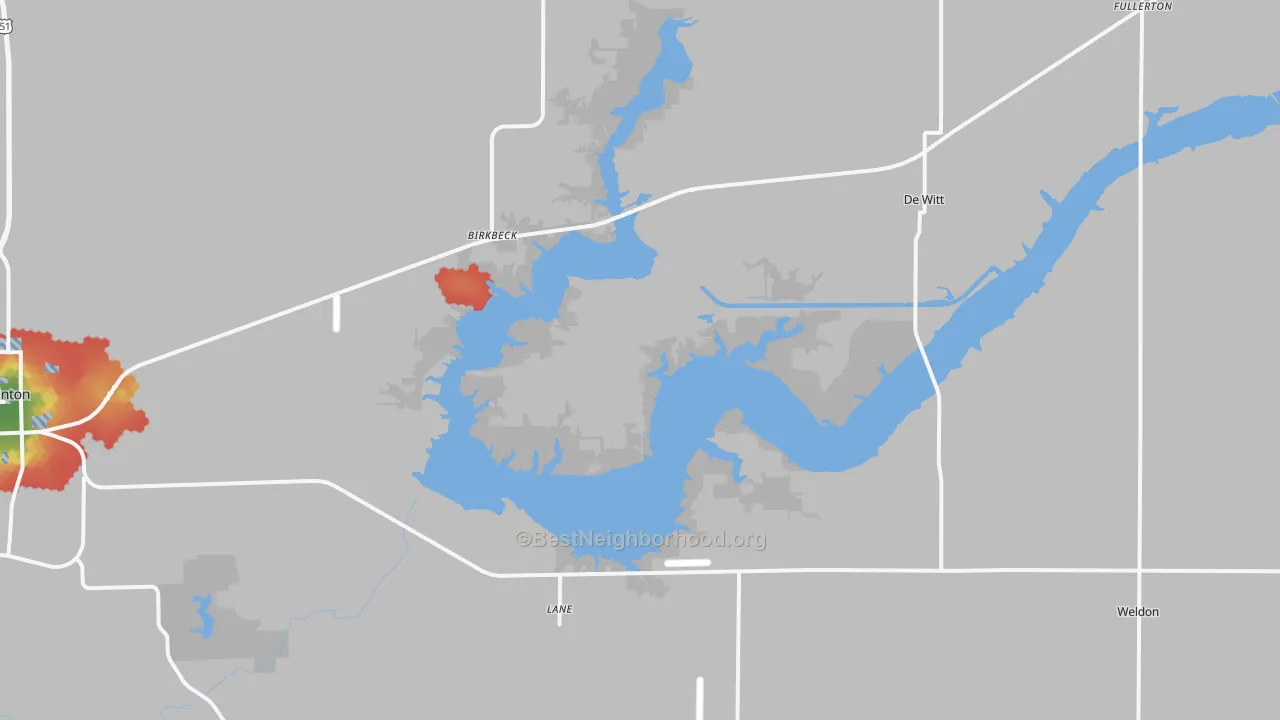 Walk Grade map of Lane, IL, walkable areas in green and car-dependent areas in red